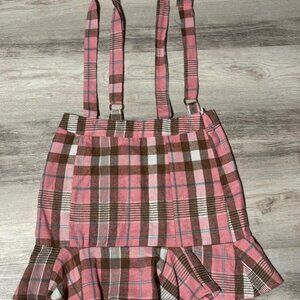 Pink and white plaid mini skirt with ruffles and suspenders #miniskirt